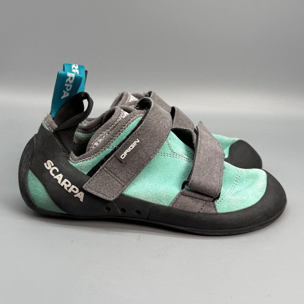 Scarpa Origin Women's 7 Green Black Suede Hook & Loop Low Top Climbing Shoes